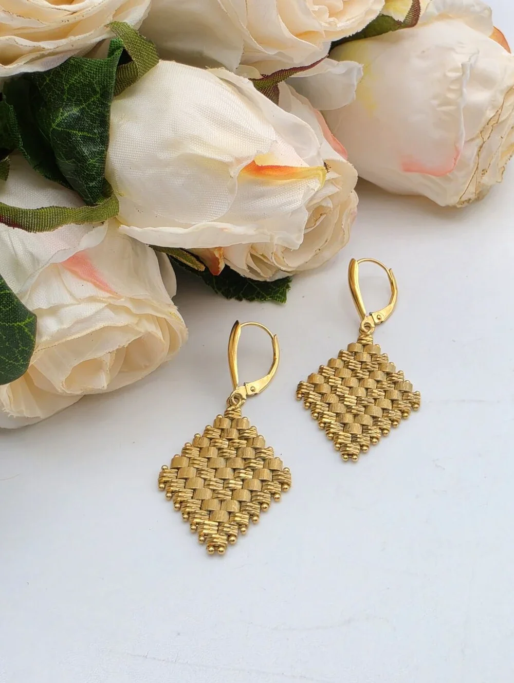 VTG 14K Yellow Gold Imperial Woven Basket Weave Diamond Drop Earrings 7.86g